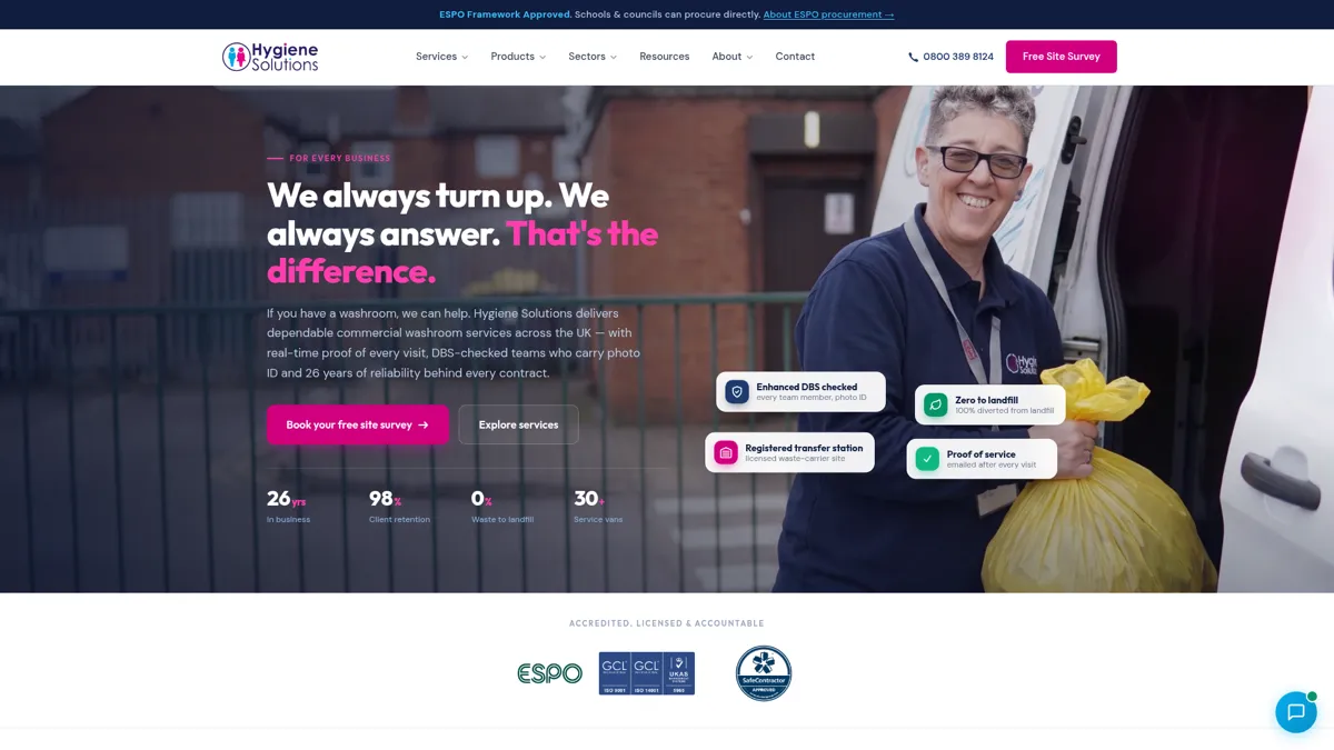 Hygiene Solutions website built by Chris Bedford Digital